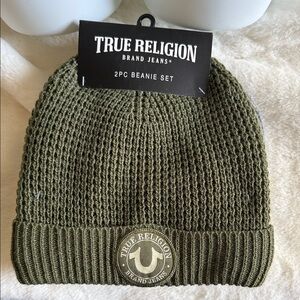 True Religion Olive Green Ribbed Knit Beanie with Logo Patch 2 Hats
